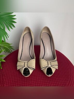Dior Cream Peep-Toe Pumps with Black Patent Bow Accent